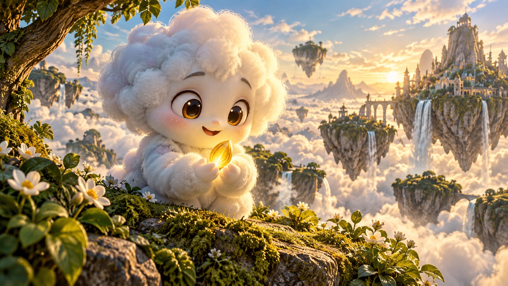 An animated cloud creature holds a glowing seed above a world of floating islands
