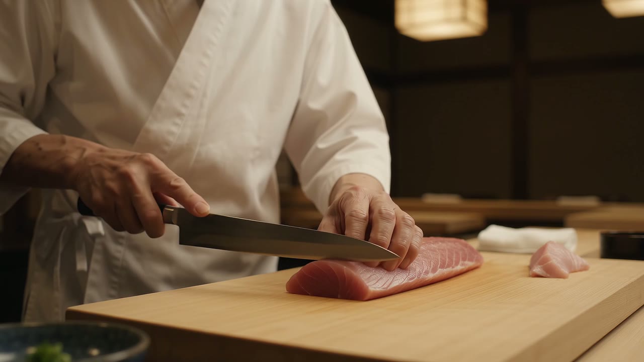 Close-up of a chef’s hands carefully slicing tuna in a warmly lit Japanese kitchen