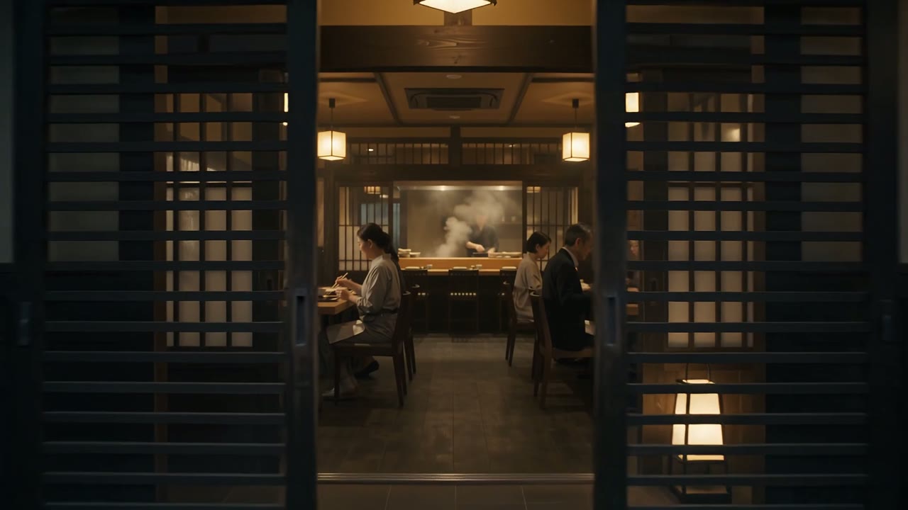 Warm lanterns illuminate the entrance to a dark wooden Japanese restaurant