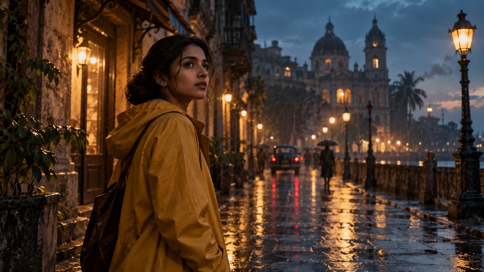 A woman in a yellow raincoat on a rain-lit city street at dusk